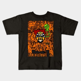 Hatshepsut - Male Character with Chinese Mask and Dark Eyes in a Doodle Background Kids T-Shirt